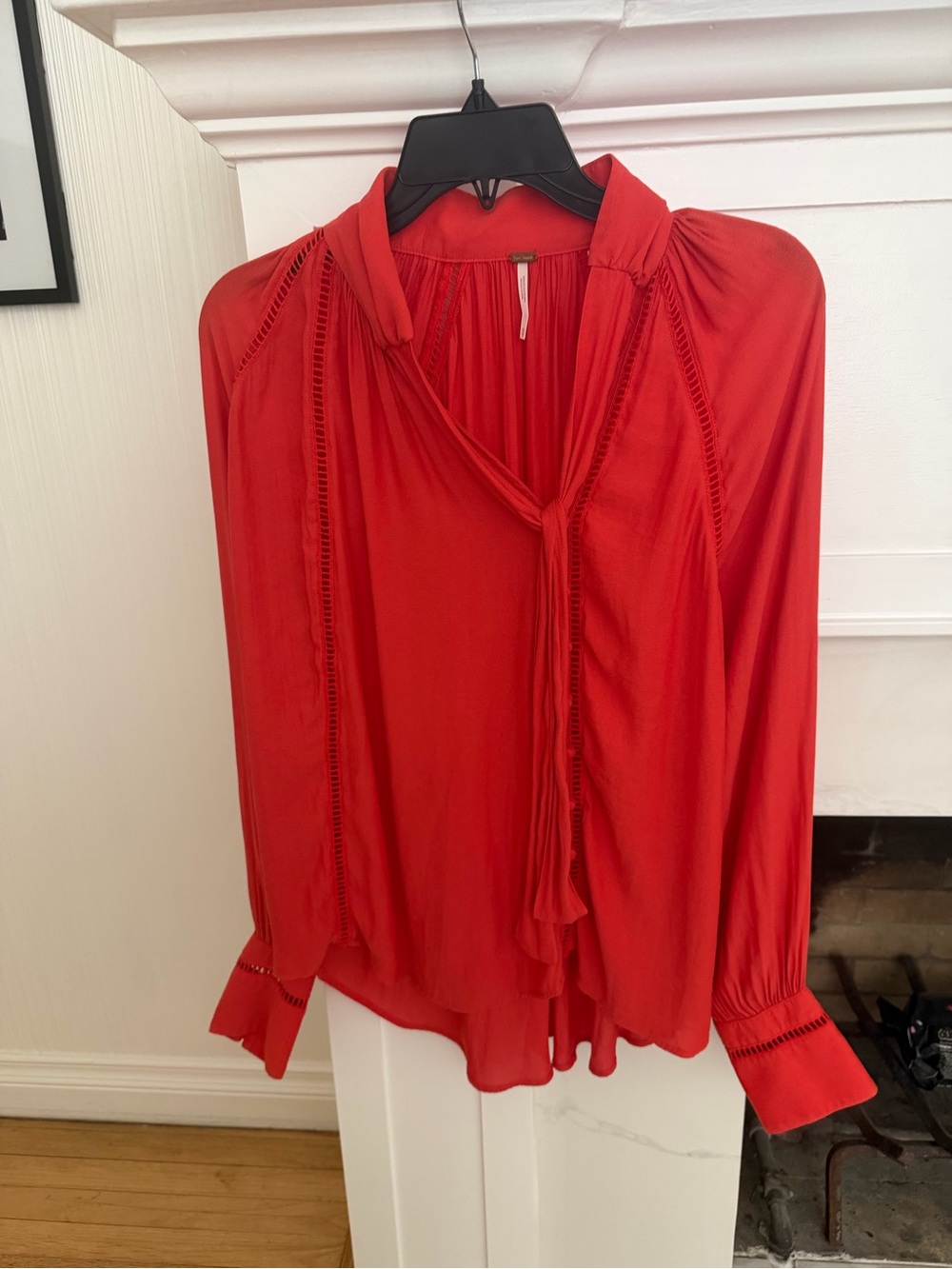 Free People Vibrant Orange/Red Tie-Neck Blouse